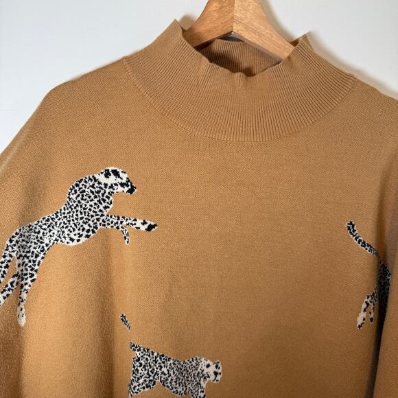 Entro Cheetah Print Mock Neck Oversized Cozy Knit Sweater Tan Drop Shoulder M - Picture 9 of 15